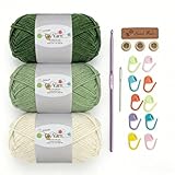 Crochet Yarn Kit, 3×50g 60% Cotton 40% Acrylic Combed Cotton Yarn with 3mm Hook & Accessories, DK Wool for Beginners Amigurumi Socks Blankets (Green-3)