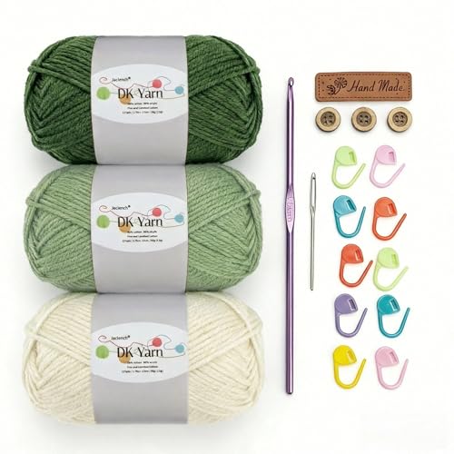 Crochet Yarn Kit 3×50g 60% Cotton 40% Acrylic Combed Cotton Yarn with 3mm Hook & Accessories DK Wool for Beginners Amigurumi Socks Blankets (Green-3)