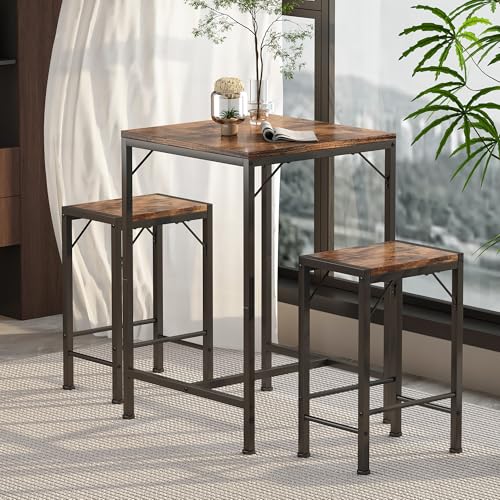 Homeiju Bar Table and Chairs Set, Square Bar Table with 2 Stools, Space-Saving Dining Pub Set for 2, Perfect for Kitchen, Breakfast Nook, Living Room & Small Spaces (Rustic Brown) (Rustic Brown)