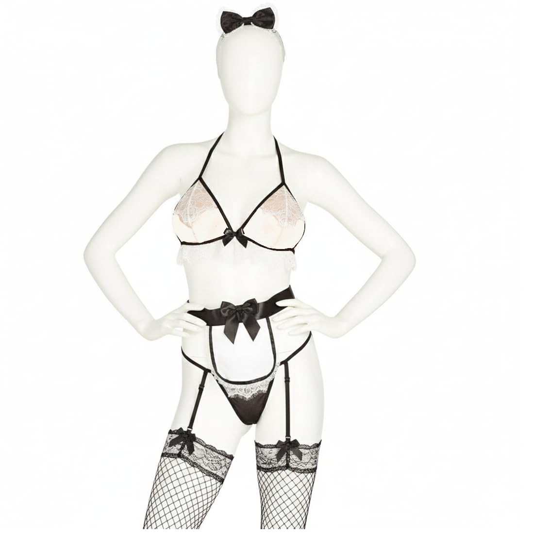 shamelace Bold French Maid Lingerie Costume Set for Women – Sexy Lace Babydoll with Apron & Headband White-picture-37