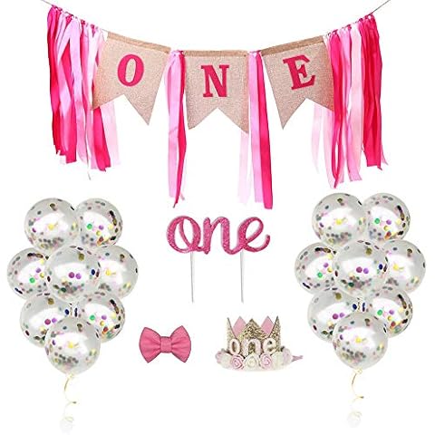 First Birthday Party Decorations Includs Highchair Banner, Crown, Bow, Cake Topper and 16 Confetti Balloons for Baby Girl Birthday Party Supplies, Pink Cover