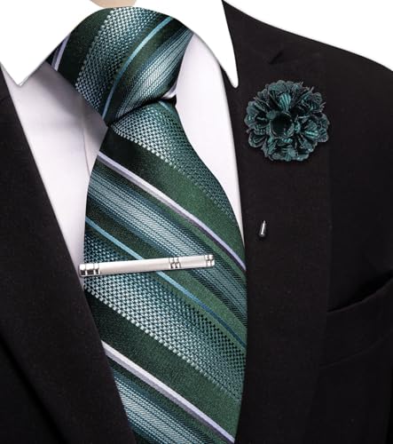 Image of Hi-Tie 63 inches Striped Paisley Extra Long Ties for Men Silk Necktie with Lapel Pin Tie Clip Big and Tall Men Formal Wedding