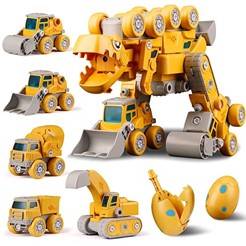 PUCHIKA Dinosaurier Bagger Spielzeug 5 in 1, Montage 5 LKW Konstruktionsspielzeug 86 pcs, STEM Building Toys, für Kinder ab 4 Jahre, Gelb Cover
