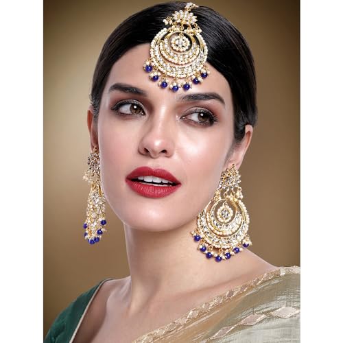 Image of Peora Traditional Jewellery Rhodium Kundan & Pearl Maang Tikka Earring Set for Women Girls