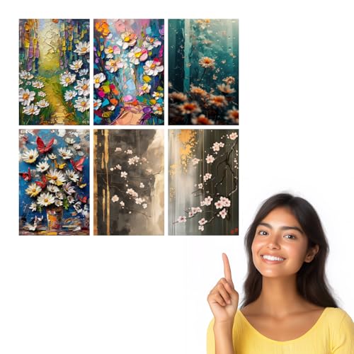 Image of SiddArtify Palette Knife Floral - Daisies Butterflies & Cherry Blossoms - 300GSM Board - 8x12 Inch - Pack of 6 Wall Room Decoration art Poster Prints