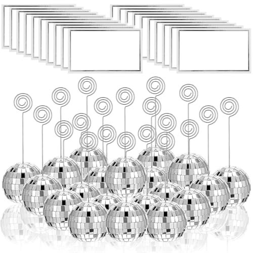 AojSup Lot de 60 porte-numéros de table en forme de boule disco argentés avec fil tourbillonnant, porte-nom et photo, décoration pour menu de mariage, fête...