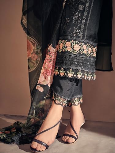 Image of INDO ERA Women Black Embroidered Straight Kurta Trousers With Dupatta set
