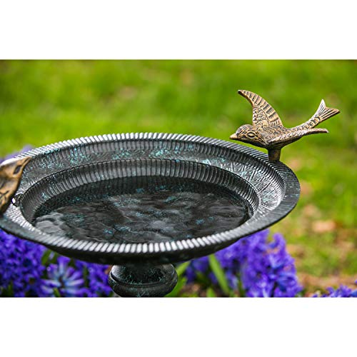 Evergreen Cast Metal Outdoor Garden Bird Bath And Feeder On Pedestal | Brass Bird Figurines | 20 Inches Tall | Antique Finish | Outside Rustic Decor Patio Porch Deck Planter #TOP1