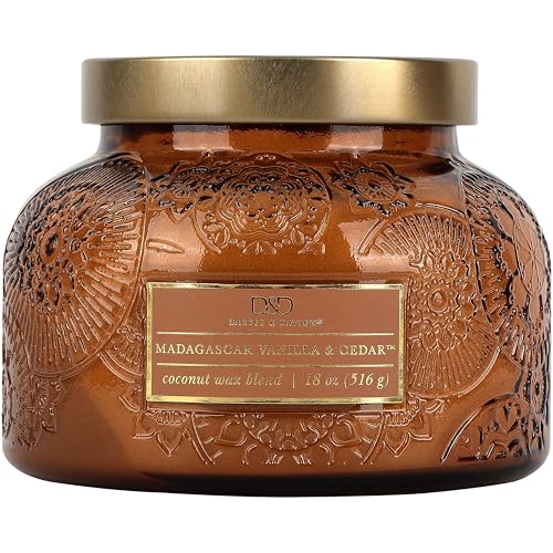 Madagascar Vanilla & Cedar Embossed Jar Candle (17.6 oz) Vanilla, Floral- Large Scented Candles for Relaxing - Dual Wick Embossed Glass Jar Candle