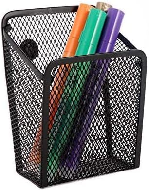 SKEMIX Magnetic Pencil Holder, Mesh Storage Basket Metal Organizer with Strong Magnet, Marker/Pen Cup for Whiteboard, Refrigerator, Locker Accessories, Office Supplies (Black)
