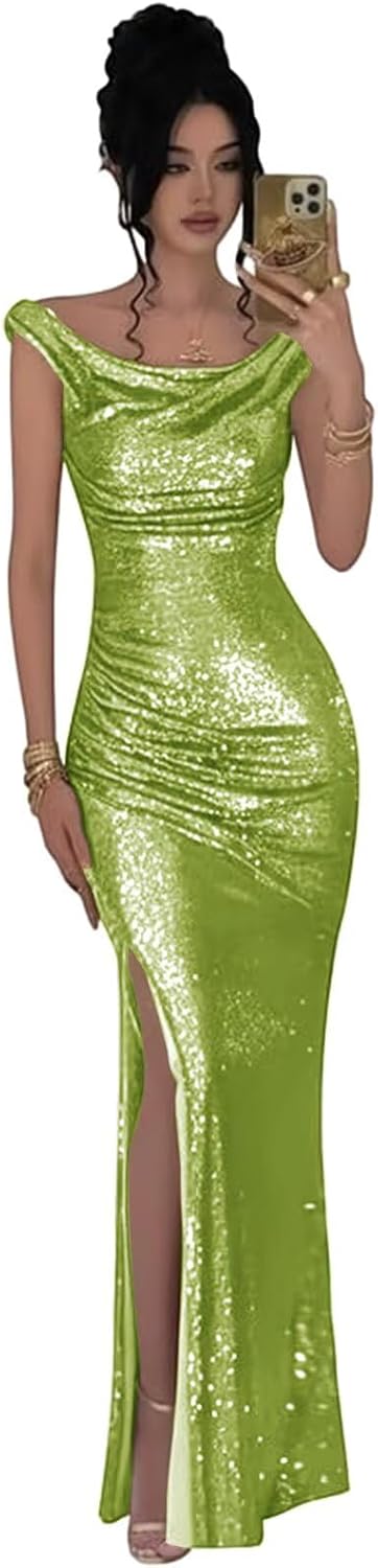 Sequin Mermaid Prom Dress for Women Sparkly Off Shoulder Long Formal Evening Dresses with Slit
