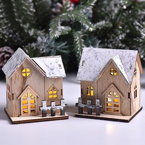 Aldea navideña de madera con luces LED pack de 3 piezas mini para mesa 5