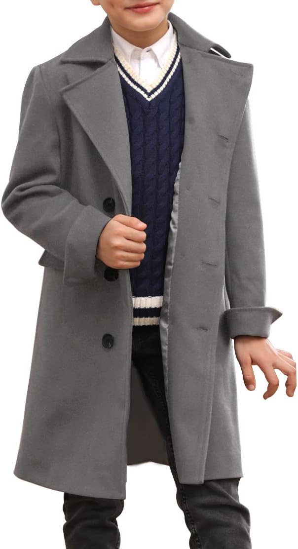 Ebifin Boys Notch Lapel Double Breasted Long Trench Coat Casual Classic Peacoat - Image 3