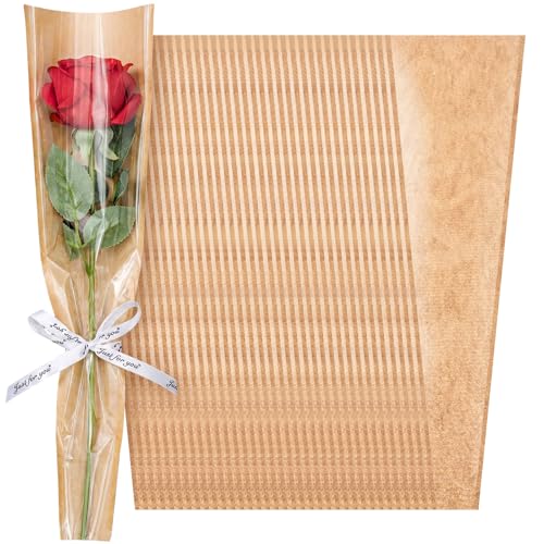 Gilprop 50 Pack Single Rose Flower Sleeve Floral Bags for Bouquets Wrapping Kraft Paper Clear Floral Bags for Birthday Wedding Anniversary Graduation Gift Florists Wrap Arrangements Supplies