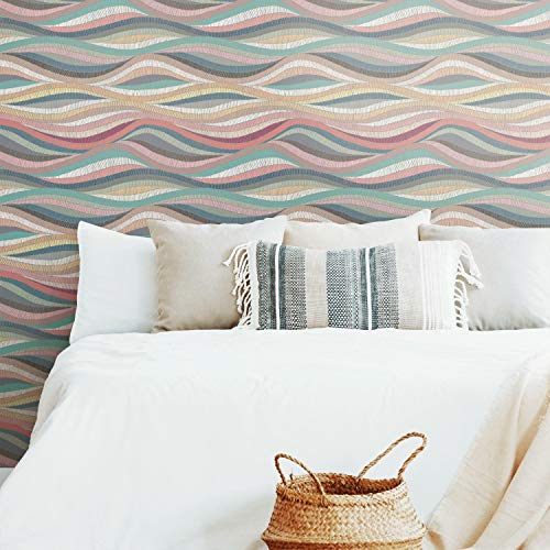 Papier peint vagues mosaïque rose et bleu sarcelle pour chambre
