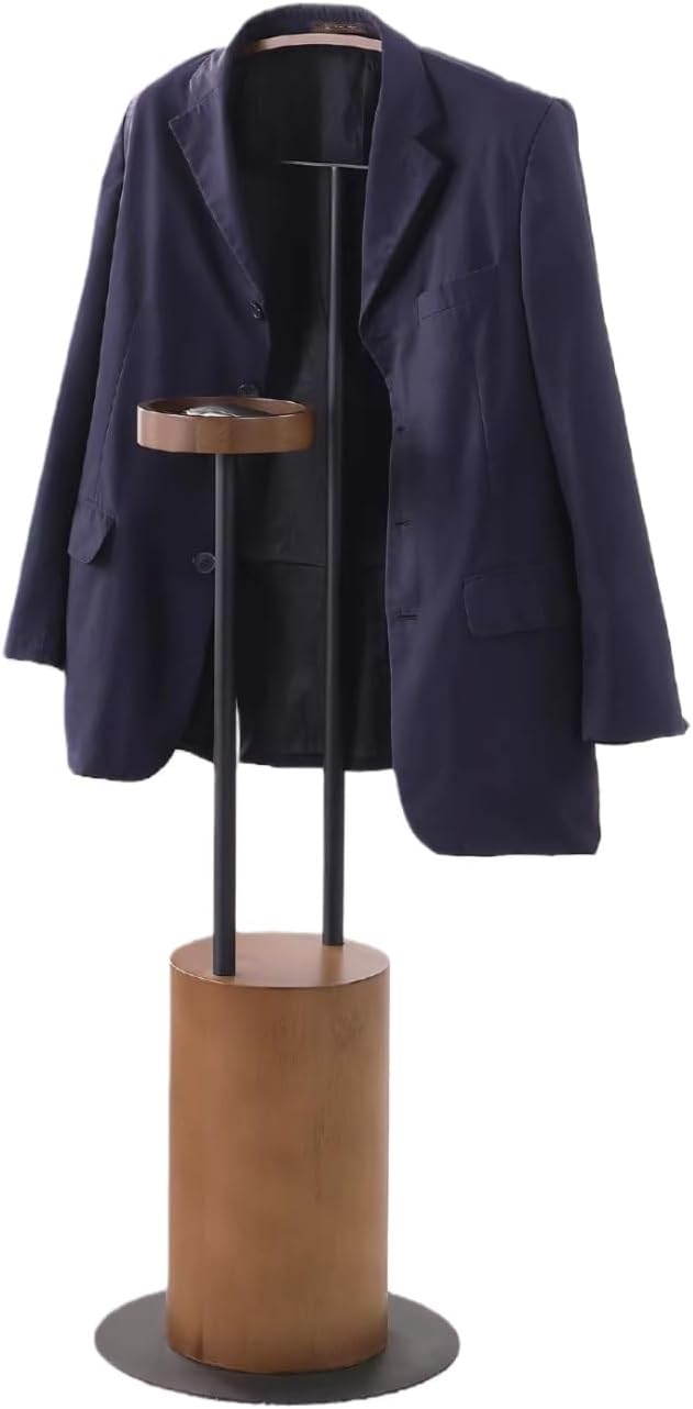 Freestanding Suit Valet Stand with Tray Wooden Clothes Rack for Corner Bedroom Entryway Living Room