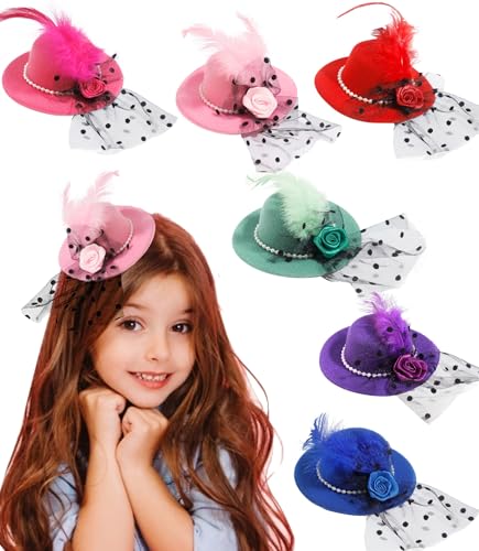 Mini Tea Party Hats - 6 PK - Clip-On 4 Inches Fascinators Hats for Women and Girls Top Hat Hair Clips for Tea Party Favors Birthday Party (4 Inches) Multicolor