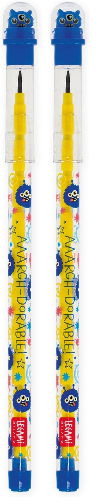 LEGAMI - Stapelbarer Bleistift mit Radiergummi Take a Tip, Monster-Motiv, 11 Minen 2B, kein Anspitzen erforderlich, einfach zu verwenden, kleiner Radiergummi aus TPR inklusive, aus ABS (Packung mit 2)