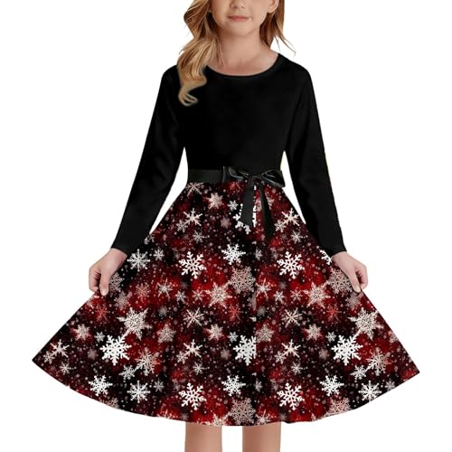 Weihnachtskleid Mädchen Weihnachtsoutfit Mädchen Große Größen Langarmkleid A-Linie Rundhals Xmas Schöne Weihnachtskleid Abendessen Schneeflocke...