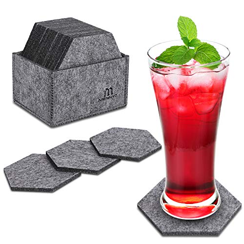 MENNYO Dessous de Verre en Feutre, Lot de 14 sous Verres Hexagone avec Boîte de Rangement, Tapis de Table Anti dérapant Protège la Table Coasters pour Tasses, Verres, Bouteilles de vins，Gris
