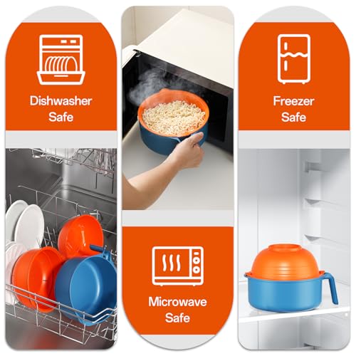 Image of Large Ramen Bowl Set, Microwave Noodle Pasta Cooker with Lid and Strainer, Microwave Steamer for Vegetables, with Stainless Steel Chopsticks, Spoon, Fork, for Office, College, Dorm, Gift (Orange)
