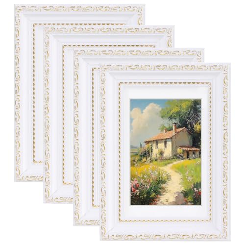 eletecpro 4x6 Vintage Picture Frame, Glass Cover, White, 4-Pack