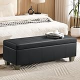 WUTUTUEE 51' Faux Leather Storage Ottoman, Stitch Tufted Rectangle Upholstered End of Bed Storage Bench, Entryway Large Couch Ottoman with Wooden Legs, Dark Black