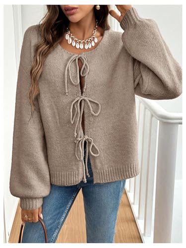 WDIRARA Women's Tie Front Crewneck Knit Cardigan Long Sleeve Drop Shoulder Sweater4