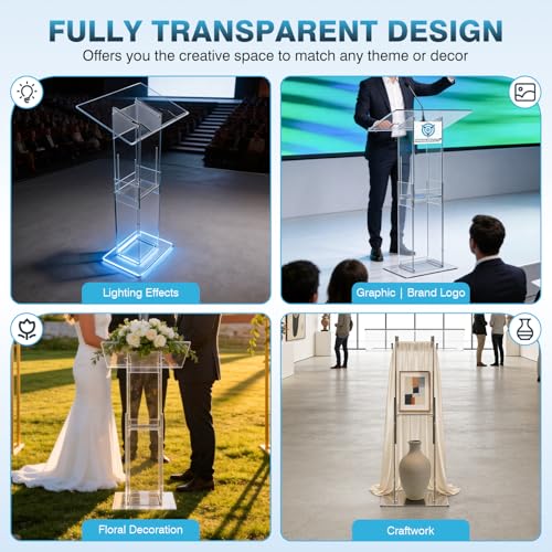 IRONWALLS Clear Podium Stand Adjustable Height, 33.5"-45.3" Acrylic Lectern Podium Stand for Church, Weddings, Classroom, Speech, Presentation, Portable Pulpit Podium with Storage Shelf (Podium Only） by IRONWALLS - Image 7