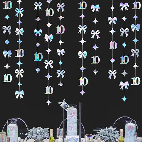 Image of Iridescent 10th Bow Birthday Decorations Glitter Conquette Bow Garland Streamer Banner Backdrop for Girls Boys Happy 10th Birthday Double Digits Cheers to 10 Years Old Anniversary Party Supplies
