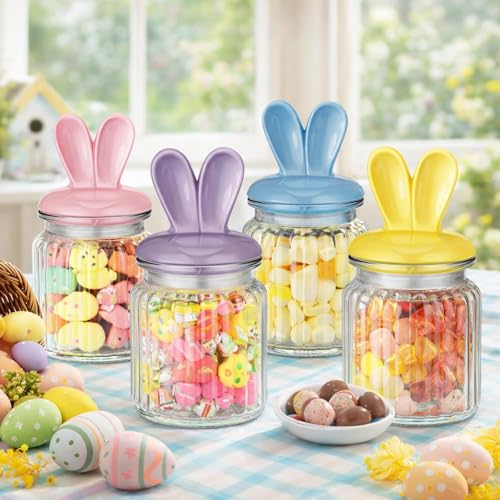 Nitial Easter Decorations- 4 Pcs Large Easter Glass Jars with Ceramic Bunny Ear Lid-rabbits Cookie Jars 7.8 oz Pastel Glass Food Storage for Chocolate Candy Sweets Gift Mini Eggs Table Decoration