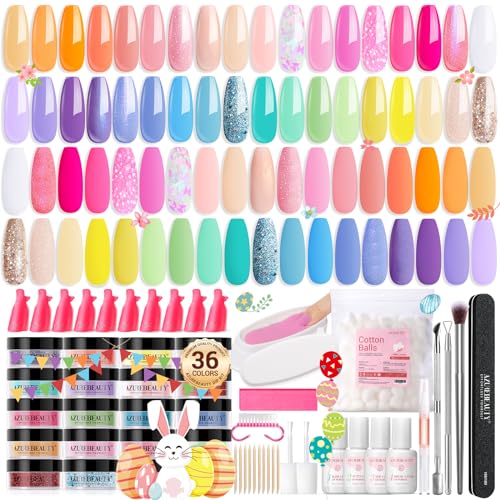 AZUREBEAUTY 170Pcs Dip Powder Nail Kit Starter, Spring Summer 36 Colors Pink Purple Blue Yellow Dip Powder Liquid Set with Top/Base coat Activator & Removal Accessories Set for French Nails Art Gifts