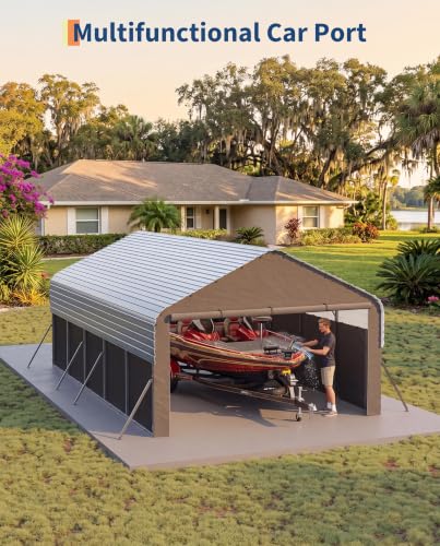 Image of GarveeLife 12x25x9 ft Metal Carport Oversized, Enclosed Car Ports | Removable 220 g Tarp / Gable End Doors and Sidewalls, for Sedans, Boats, and Tractors