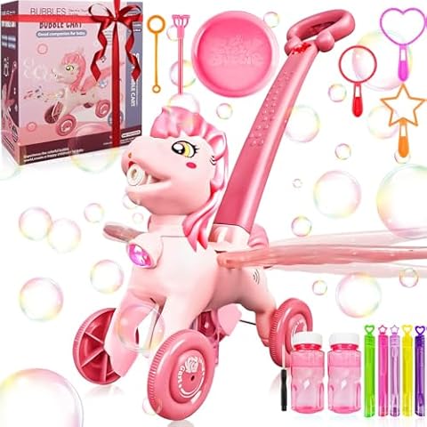 Pink Bubble Machine Blower Maker Lawn Mower Walking Toy Christmas Basket Stuffers Outdoor Summer Girls Kids Toddler 1st Birthday Best Gift for 1 2 3 Year Old Unique Cute Valentines Day Unicorn Gifts Cover