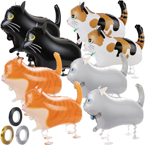 8 Pcs Walking Cat Balloons - Mylar Balloons with 3 Ribbons for Ca...