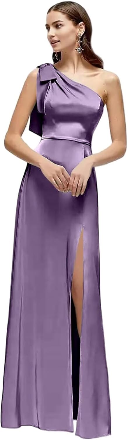 SNOWROSE Satin Bridesmaid Dresses for Women Ruched Long One Shoulder A Line Formal Evening Party Dress with Bow