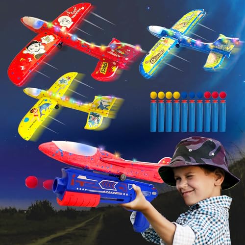 MIWEN Airplane Launcher Kids Outdoor Toys - 3 Pack Toddler Boy Toys 6-8 Year Old 2 Flight Mode Styrofoam Airplane Glider with LED Light, Birthday Gifts Toys for Boys and Girls