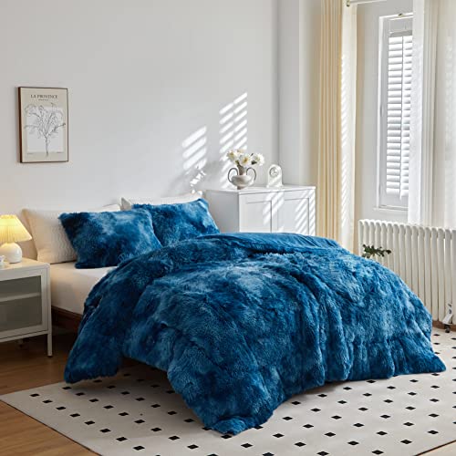 Lotus Karen Faux Fur Comforter Set 3 Pieces Plush Shaggy Fluffy Bedding Sets Luxury Quilt With 2 Pillow Shams, Full/Queen, Tie Dye Blue #TOP2