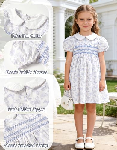 Miipat Toddler Girls Smocked Floral Dress Puff Sleeve Cotton Butterfly Print Kids Peter Pan Collar Summer Dress(BlueButterflyPrint,3-4T) — view 3