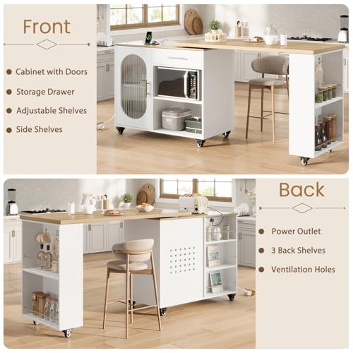 Image of HSH 71 inch Rolling Kitchen Island with Storage Seating on Wheels, White Oak | Mobile Island With 360 Swivel Table, With Power Outlet, Storage Cabinet, Open Adjustable Shelves Fit In Microwave