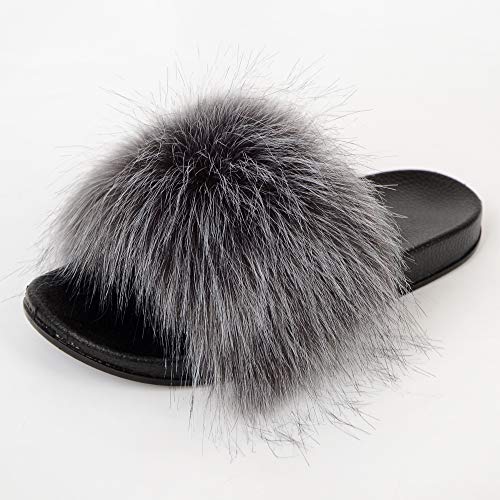 Image of MH Bailment Womens Furry Fluffy Slippers Faux Fur House Slippers Open Toe Fuzzy Slides Soft Flat Slip On Sandals for Indoor Outdoor
