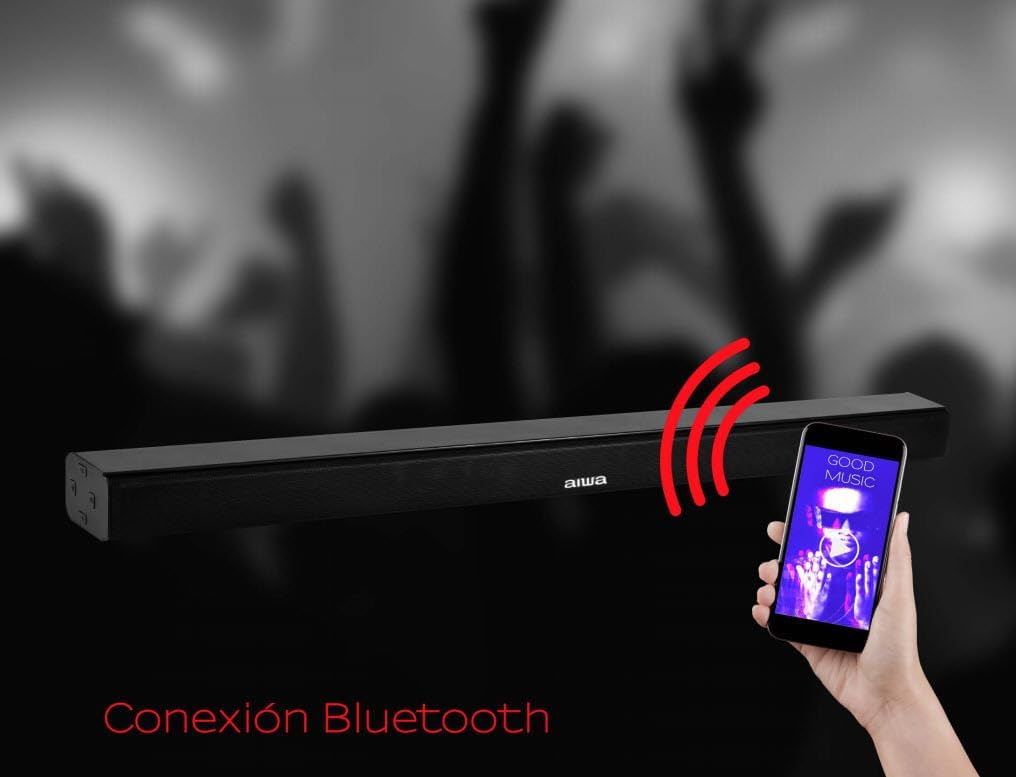 Barra de sonido Aiwa AWSBH1 con un teléfono inteligente que muestra ondas de conexión Bluetooth.
