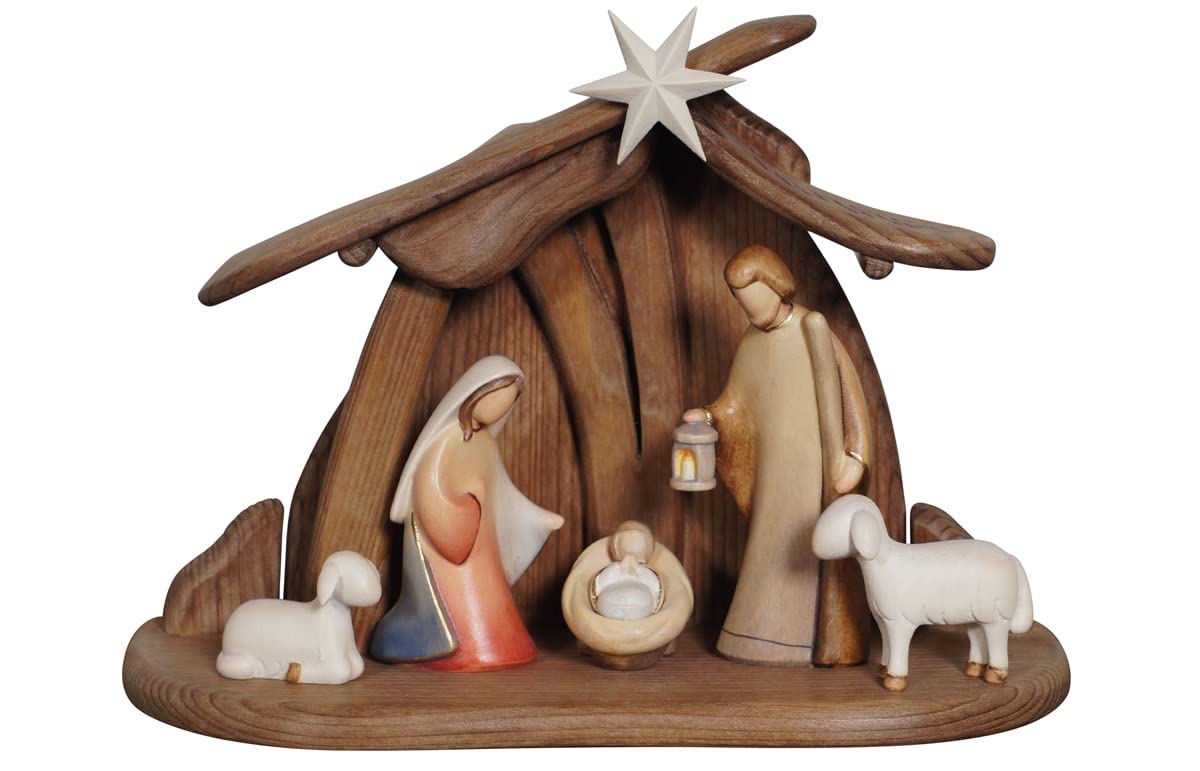 Set Natività in Legno, Presepe Completo in Legno con capanna dallo Stile Moderno Creato in Val Gardena Versione statuine Colorate (cm 10)