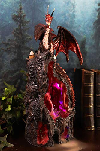 Ebros Red Ember Sapphire Quartz Dragon On Gemstone Geode Cave Mountain Statue 13" Tall With Backflow Incense Burner And Colorful Led Light Crystals Feature Fantasy Dungeons Dragons Decor Figurine #TOP7