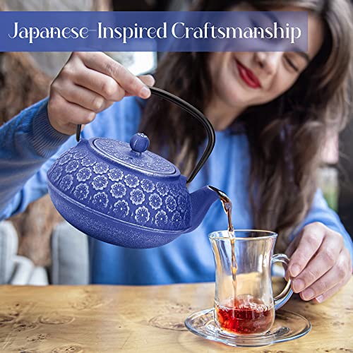 Resveralife Cast Iron Teapot - Japanese Cast Iron Tea Kettle - Blue Tetsubin Cast Iron Tea Pot With Stainless Steel Infuser For Loose Tea - Enamel Coated Pots For Gifts - Floral Design (32 Oz) #TOP3
