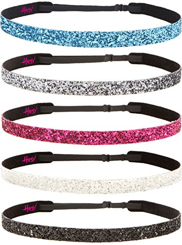 Hipsy 5Pk Women's Adjustable No Slip Skinny Bling Glitter Headband Multi Gift Pack (Gunmetal/Teal/Black/Hot Pink/White) #TOP1