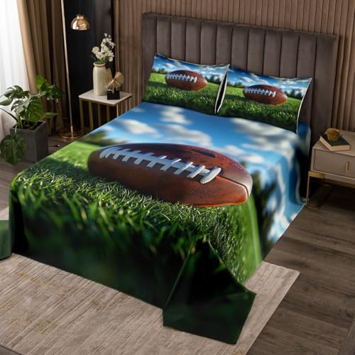 Football Field Quilt Bedding Set Twin,3D Rugby Outdoor Sport Bed Cover Set,Kids Ball Gaming Lightweight Bedding Bed Cover for All Season,Watercolor Sky Grass Bedspread Set (1 Quilt+ 1 Sham)