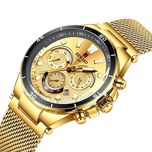 MONA@FILTER Reward para Hombre de Cuarzo Resistente al Agua Relojes cronógrafo de los Deportes Reloj Fecha Multifunctions clásico de la Manera Negocios Reloj Ocasional con Luminoso Diseño,Oro Cover