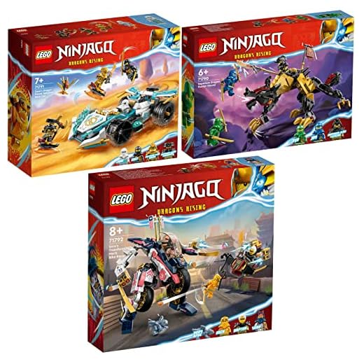 Lego Ninjago 71790 - Juego de 3 perros de caza del cazador de dragones imperial, 71791 Zanes Dragon Power Spinnjitzu Carro de carreras y 71792 Soras Mech Bike