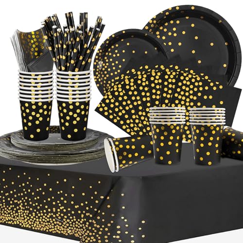 COLANANA Party Supplies Party Tableware Set Black Gold Birthday Decorations Contain Plates Tablecloth Cups Napkins Paper Straws for Baby Shower Birthday Wedding Partys Anniversary(16 Guests)